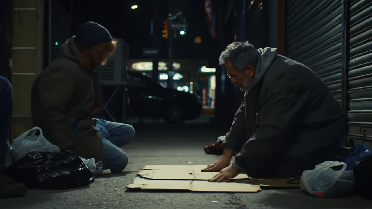 A man without a home carefully arranges pieces of cardboard in a dimly lit urban alleyway. Nearby, bags lay scattered, depicting the struggle of street life after dark.