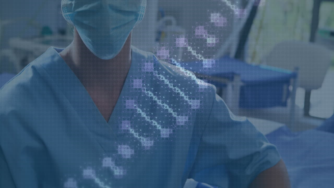 Animation of dna strand over female caucasian surgeon with face mask
