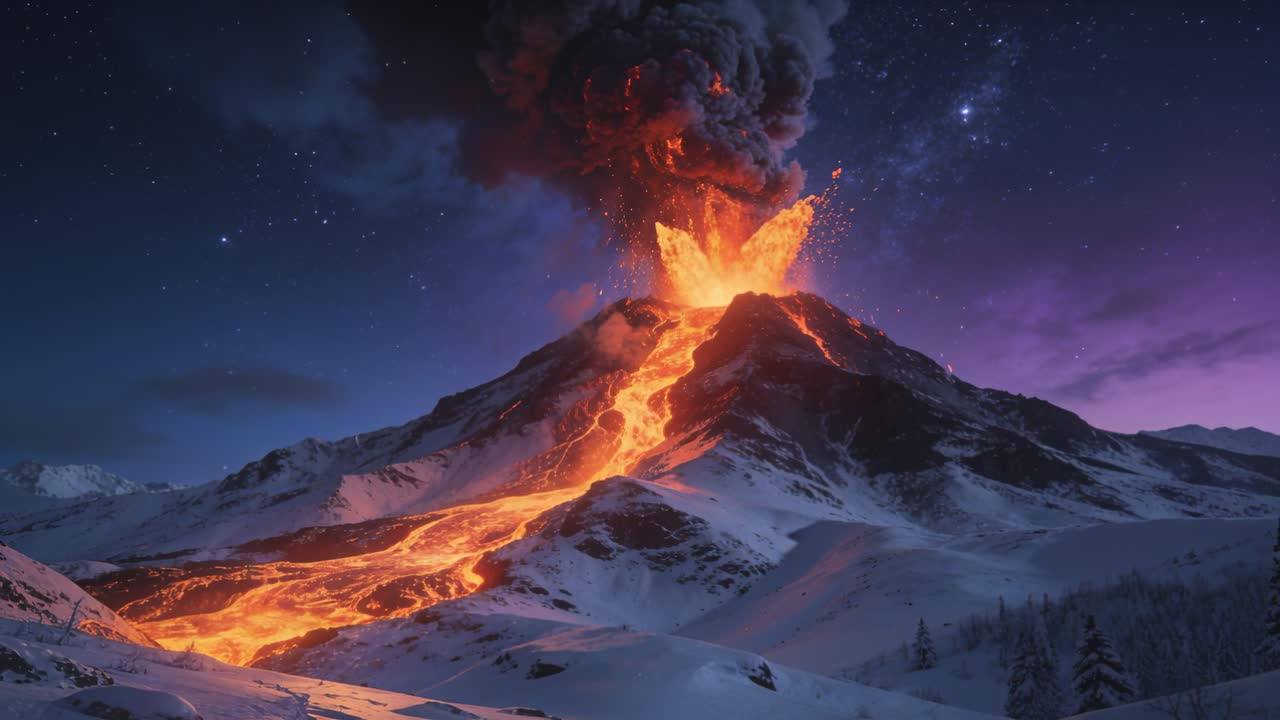 Cratere di stratovulcano in eruzione che erutta fontane di lava, pennacchio che sale, canale che scorre lungo i pendii innevati.