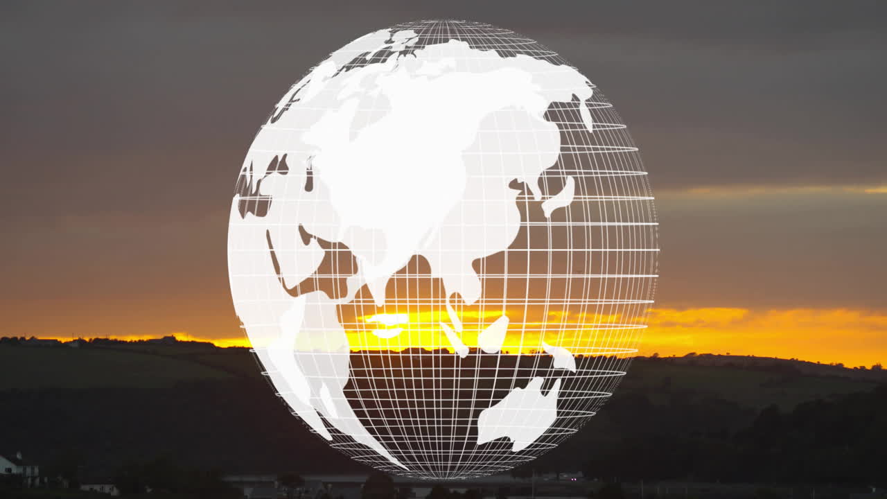 언덕과 나무가 있는 해가 지는 풍경 위에 회전하는 지구 애니메이션