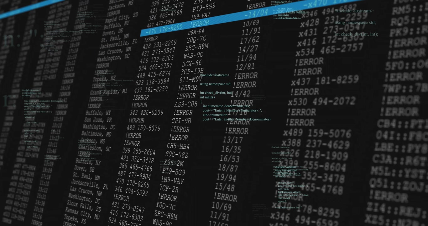 Floating C++ snippets initiating table reveal highlight bar moving through error rows for analysis