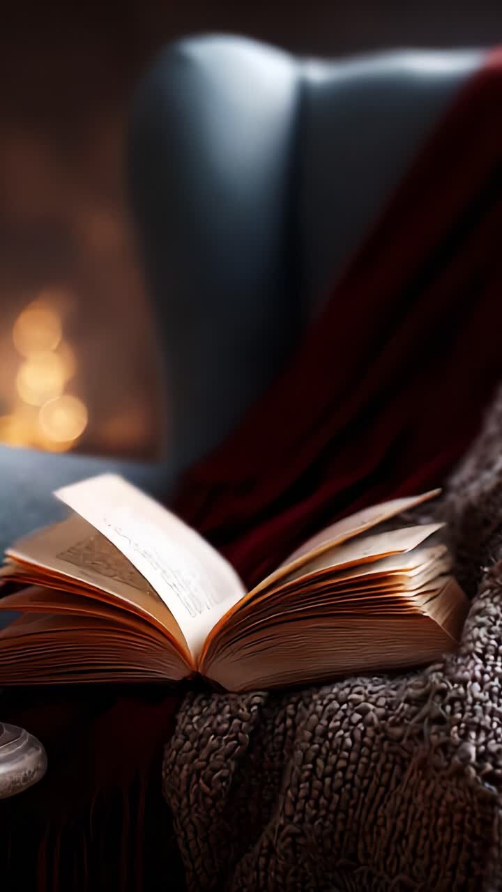 Una serata incantevole accanto al camino: un'accogliente scena di un libro aperto su una comoda sedia con texture calde e luci tremolanti che creano un'atmosfera serena