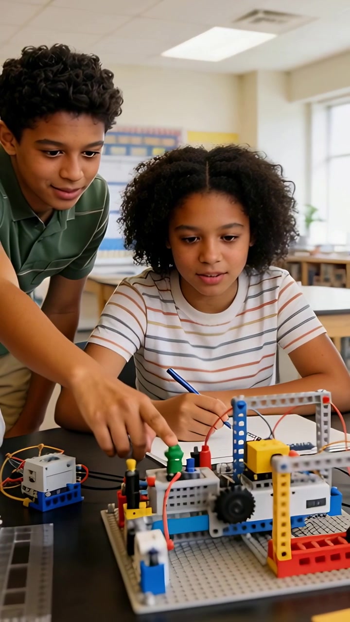 Vertical video: Pointing boy urging girl in striped tee noting with blue pen in class, fixing robot