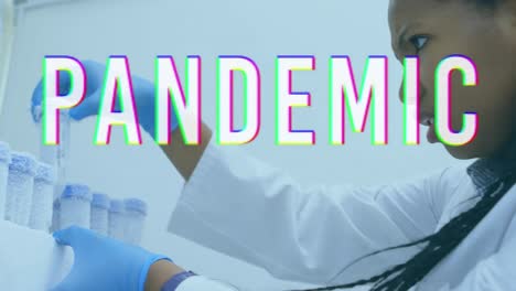 animación de la palabra pandemia con una científica que trabaja en el laboratorio