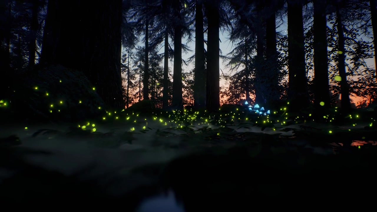 Magical Forest at Dusk with Glowing Fireflies and Bioluminescent Mushrooms