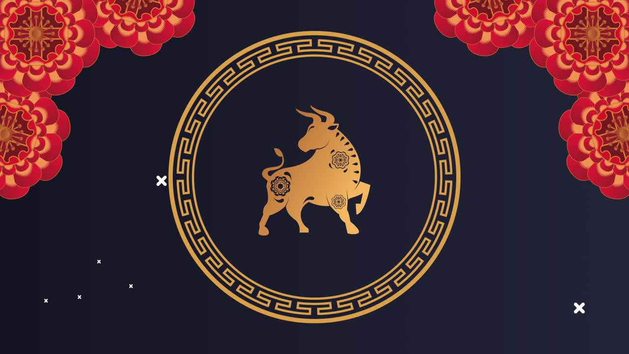 feliz año nuevo chino con buey dorado y flores