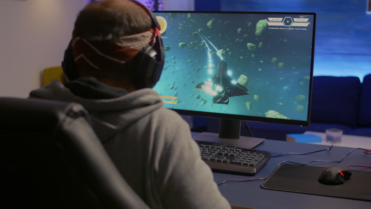 Pro gamer winning first person shooter video game