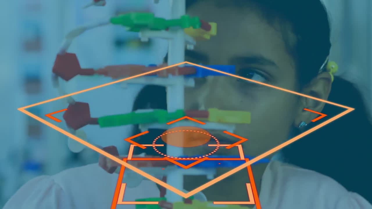 animación de formas en movimiento sobre colegiala biracial con modelo