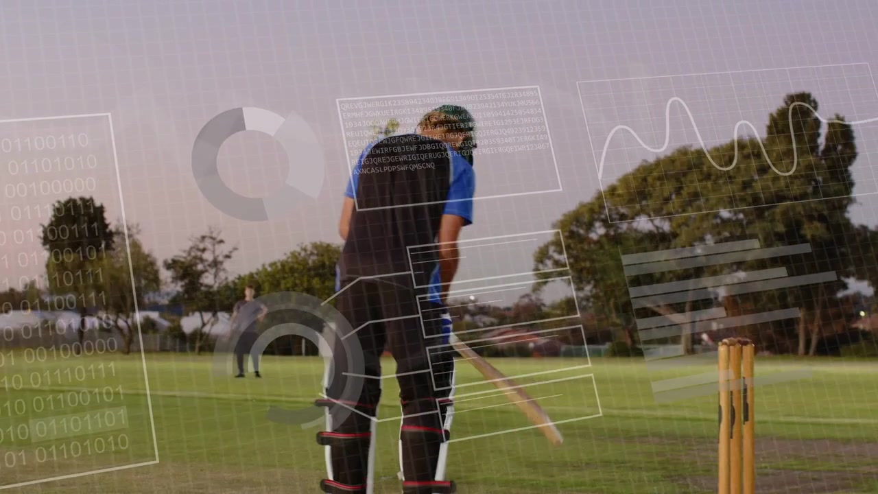 Battitore di cricket che si avvicina alla linea di battuta preparandosi, esegue un tiro mentre il lanciatore corre, con l'HUD che mostra le statistiche.