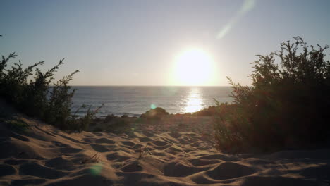 front view of a sunset in a white sand beach with some flares