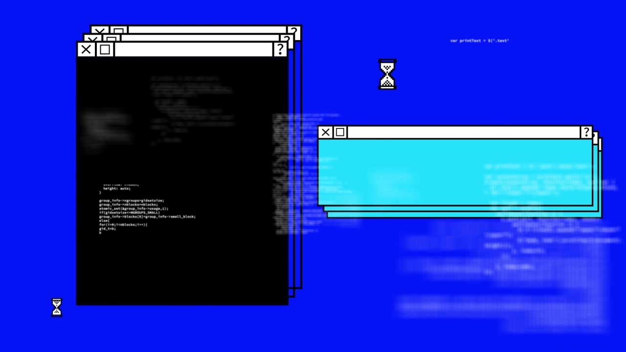 Animation of file windows and egg timer icon over data processing on black and blue background