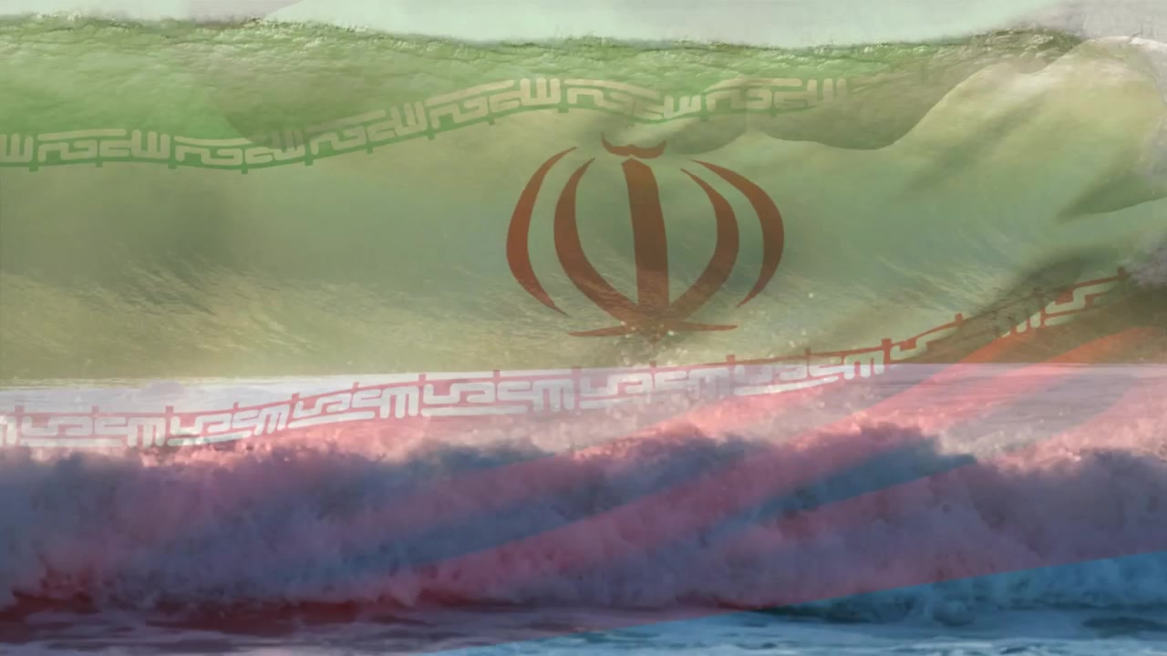 Composite video of waving iran flag against waves in the sea