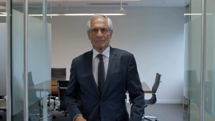 Buttoning man in suit responding to meeting start in glass room, walking toward camera via doors