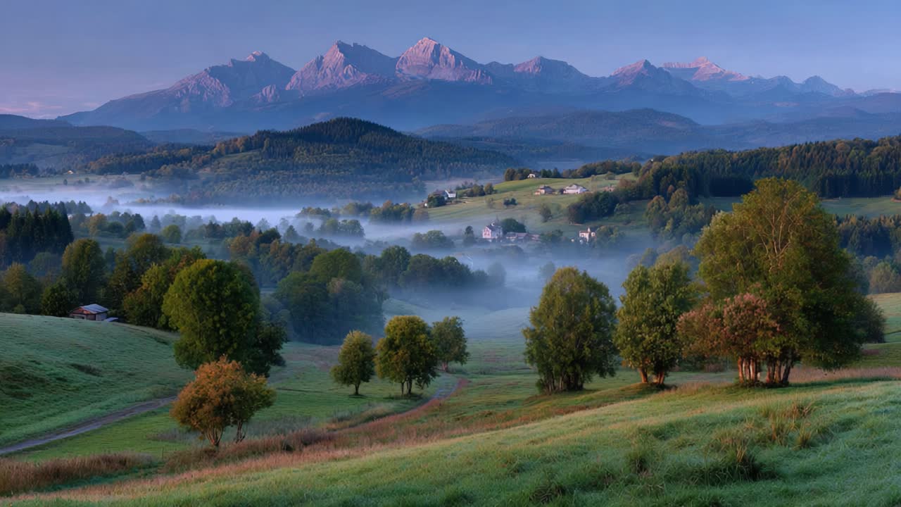 Breathtaking Morning Landscape: A Scenic View of Rolling Hills, Lush Greenery, and Majestic Mountains Under a Vibrant Sky Showcasing Nature's Beauty