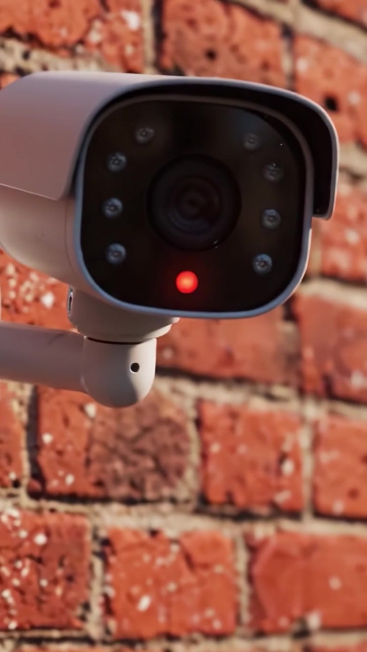 Telecamera di sorveglianza montata su un muro di mattoni: Un primo piano che evidenzia i dettagli e la funzionalità della tecnologia di sicurezza negli ambienti moderni