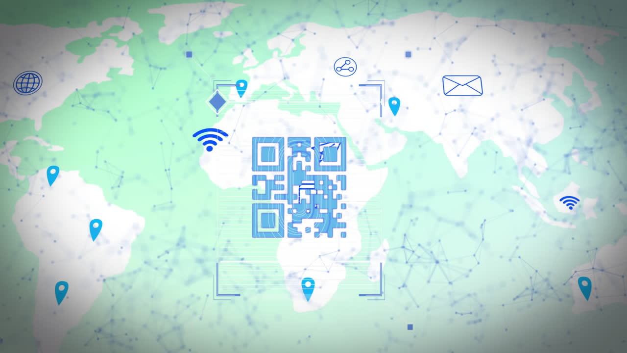 animación del código qr, las conexiones y el procesamiento de datos digitales sobre el mapa del mundo
