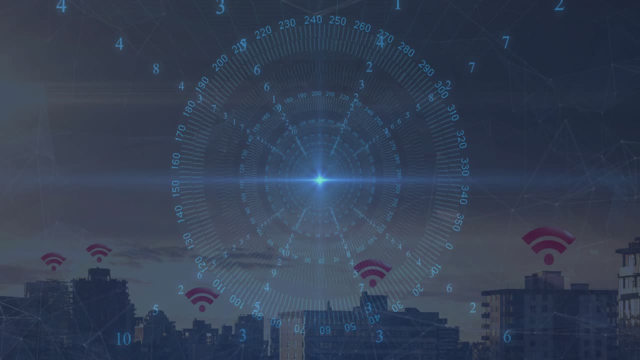 Skyline silhouette fading into dusk, radar overlay scanning urban rooftops and mapping WiFi signals
