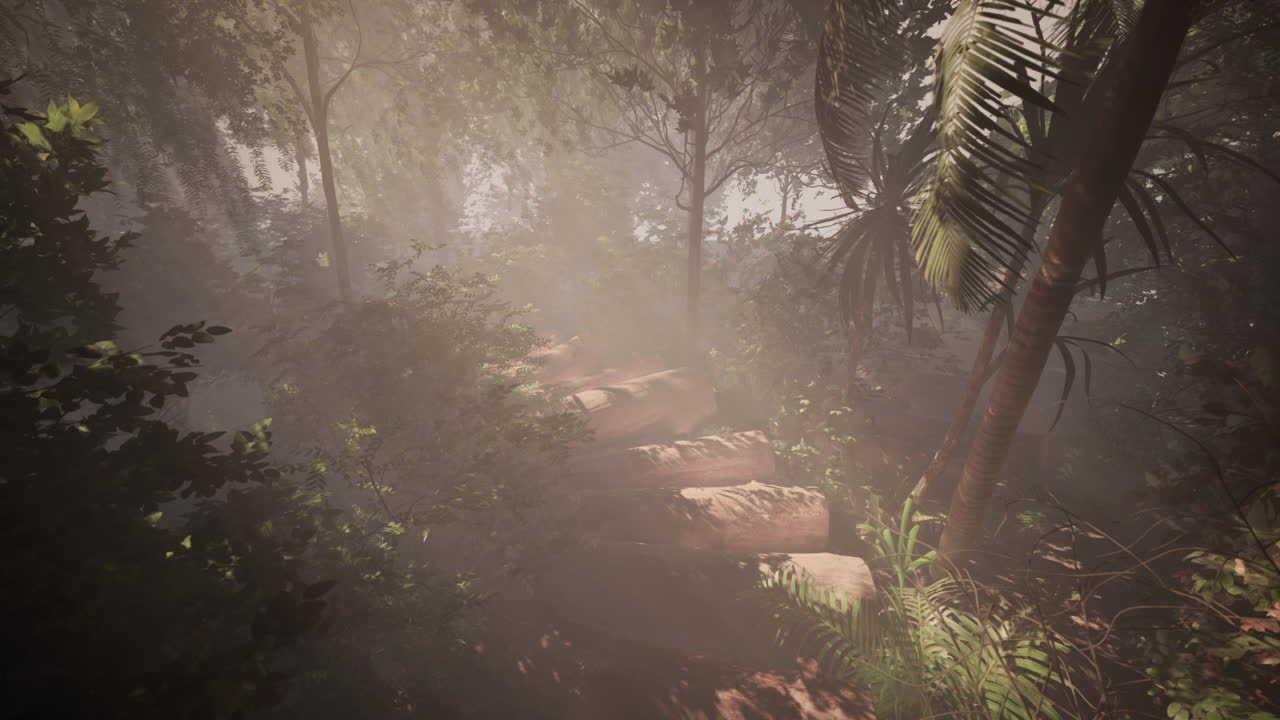 un camino que conduce a través de una exuberante jungla tropical con niebla y luz solar