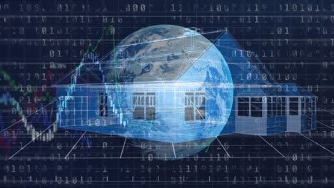 Animation-of-3d-model-of-a-house-and-globe-spinning-over-stock-market-display-in-the-background