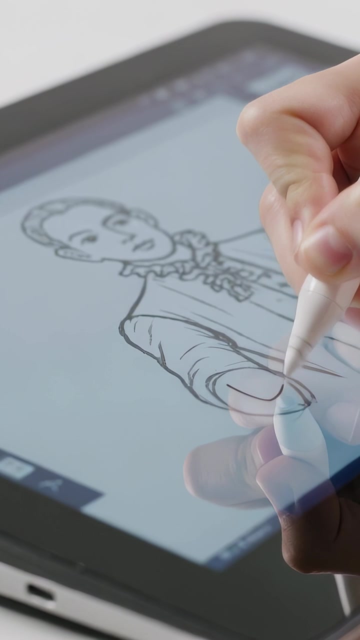 Video vertical: Perfeccionando el trazo con la yema del dedo después de dibujar, una mano trazando en una tableta con un lápiz óptico en un escritorio luminoso.