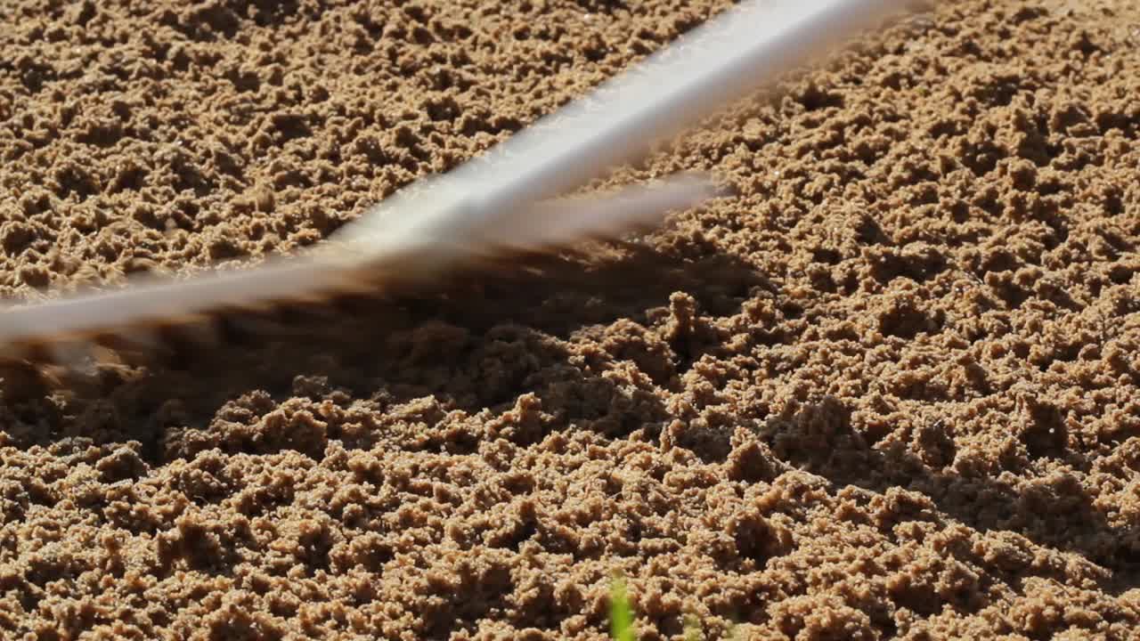 A golfer raking a damp sand bunker with a wooden rake.