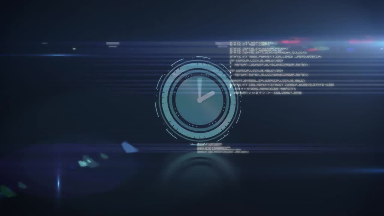 animación del reloj con manecillas giratorias, sobre luces en movimiento y procesamiento de datos en negro