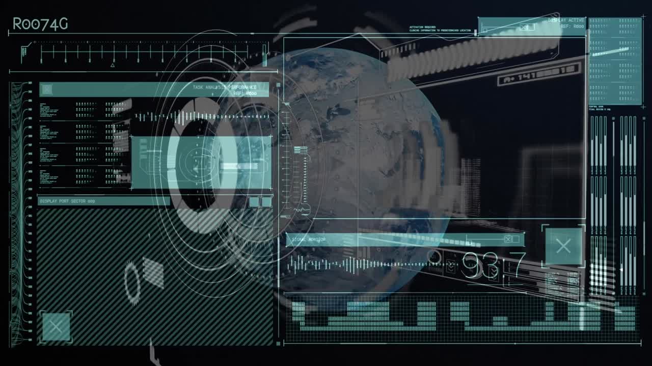 Animation af globus og forskelligartet databehandling på en digital skærm.