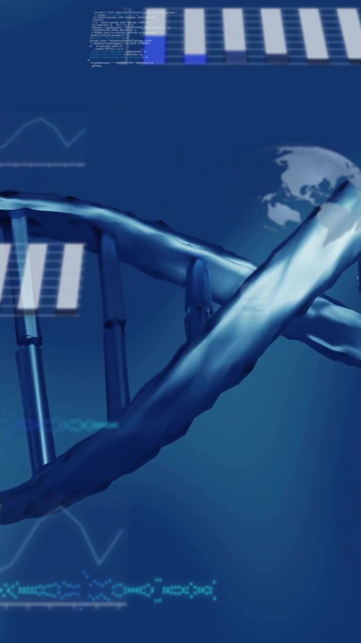 Animation of scientific data processing over dna strand spinning