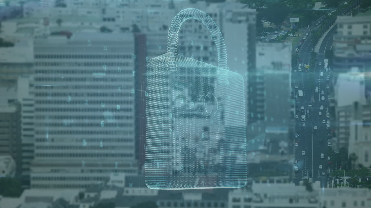 Animation of data processing and padlock over cityscape