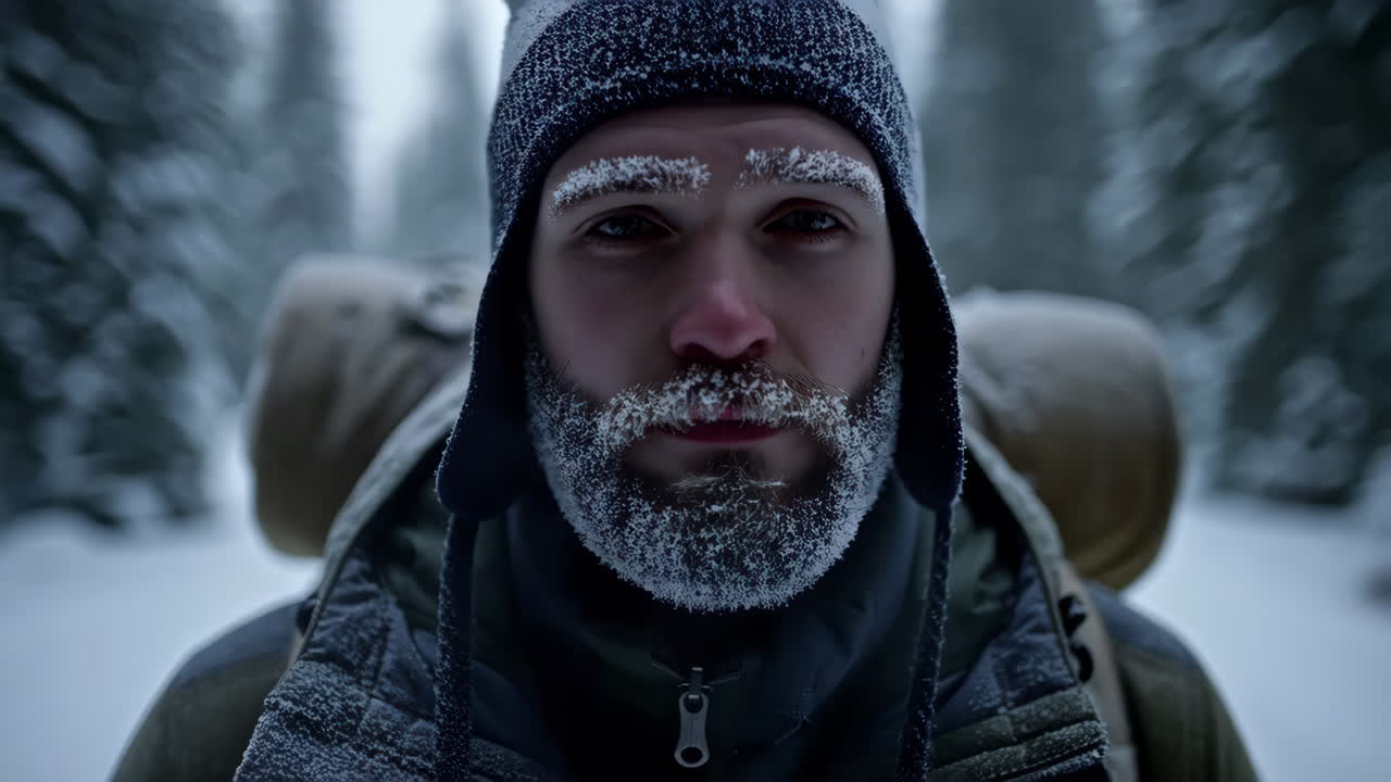 Man with Frozen Beard and Eyebrows in Winter