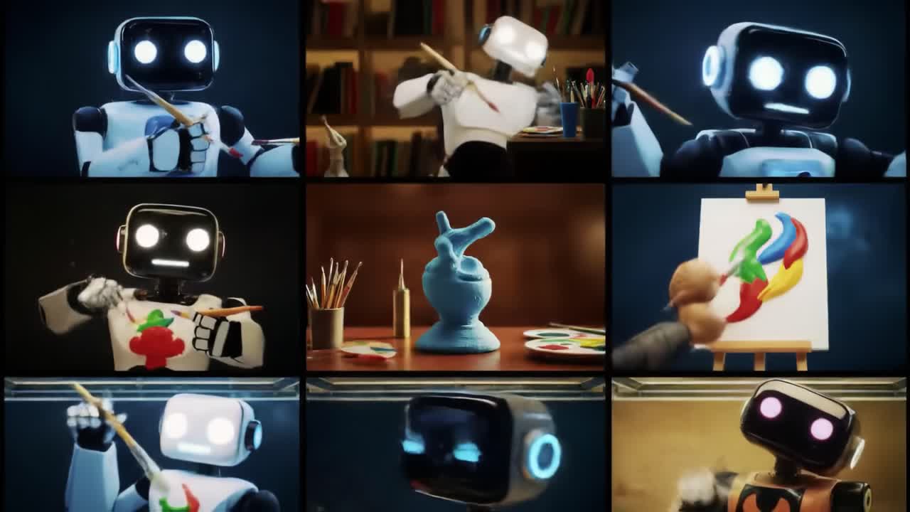 Multiple robots engage in an artistic workshop, painting on canvases and interacting with tools. Each robot displays unique styles and colors, inspiring a creative environment.