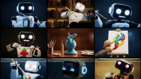 multiple robots engage in an artistic workshop, painting on canvases and interacting with tools. each robot displays unique styles and colors, inspiring a creative environment.