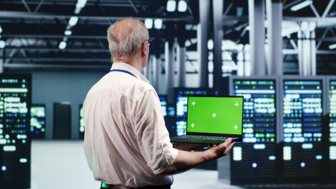 эксперт использует макет ноутбука в серверном узле