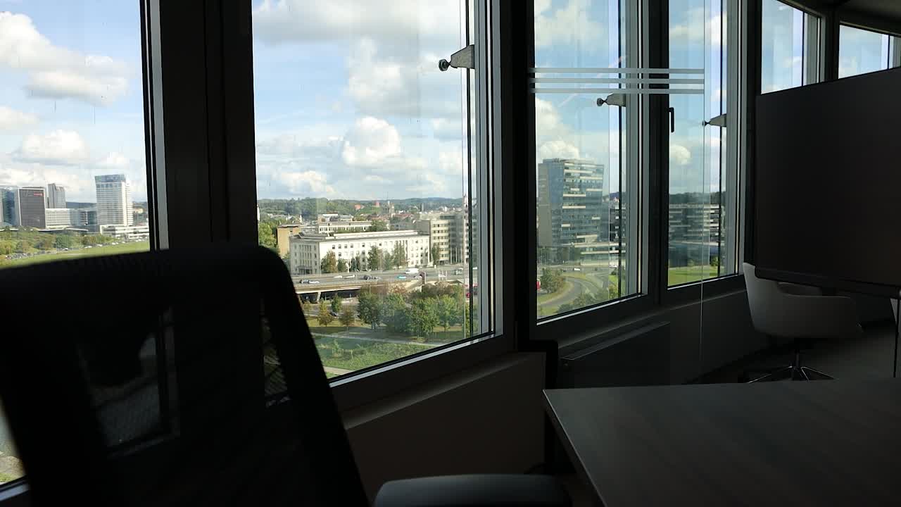 A view inside a modern office work station inside a high building