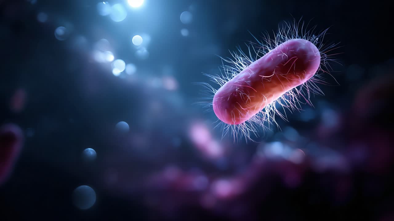 Microscopic View of Bacteria: A Close-Up of Vibrant, Hairy Rod-Shaped Microorganism Amidst an Ethereal, Glowing Background in a Digital Art Representation