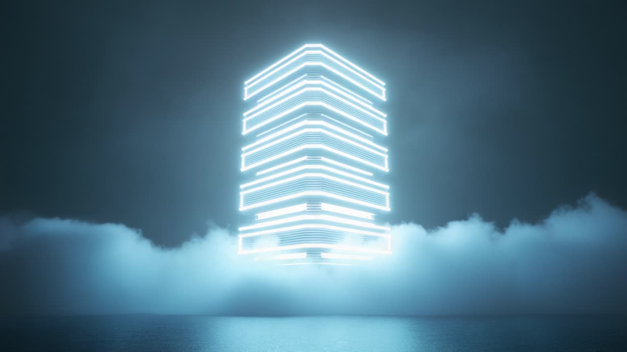 Futuristic neon blue server or data center tower rising from misty clouds over a calm water surface, representing concepts like cloud computing, big data, blockchain, and modern technology