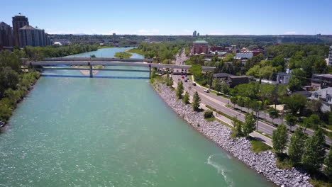 cinematic drone shot of a beautiful river in a modern city