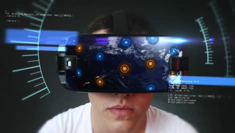un joven guapo que usa auriculares vr y experimenta la realidad virtual.