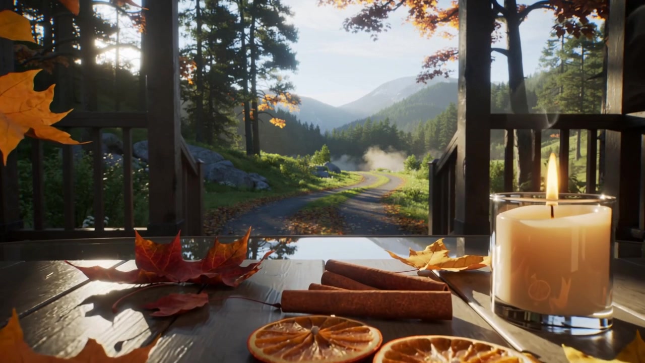 Camera pulling back tabletop arrangement, revealing porch and misty valley, with candle and leaves