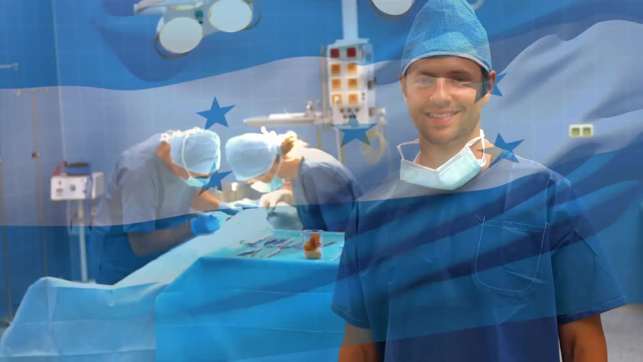 Animation of flag of honduras waving over surgeons in operating theatre