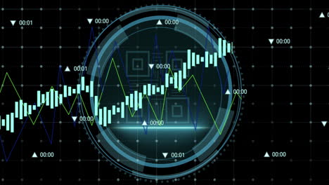 animación del procesamiento de datos contra banner de texto de ciberseguridad y escáner de códigos de barras