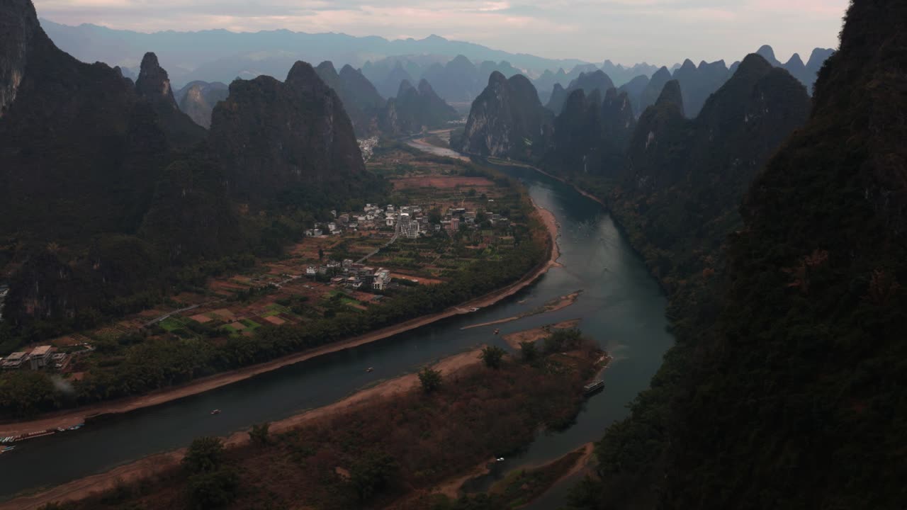 Beautiful Aerial Landscape of Li River and Rural Countryside China