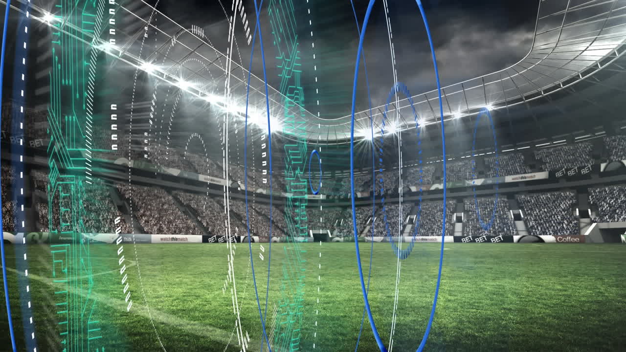 Digital animation of multiple round scanners spinning against sports stadium in background