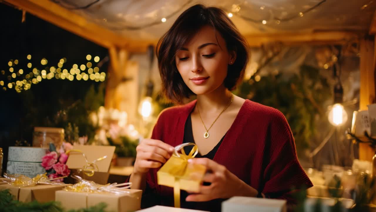 A Creative Evening of Gift Wrapping: A Young Woman Skillfully Prepares Beautifully Decorated Presents at a Cozy Festive Stall, Surrounded by Twinkling Lights and Holiday Cheer