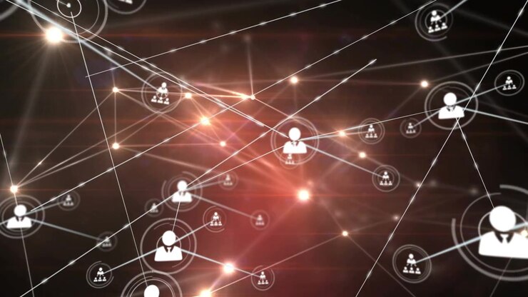 Animation of network of connections with people icons over glowing spots