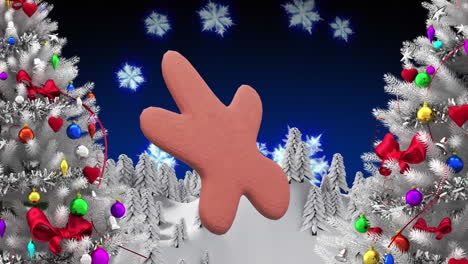 animación de la navidad hombre de nieve galleta de jengibre sobre la nieve que cae y el paisaje de invierno.