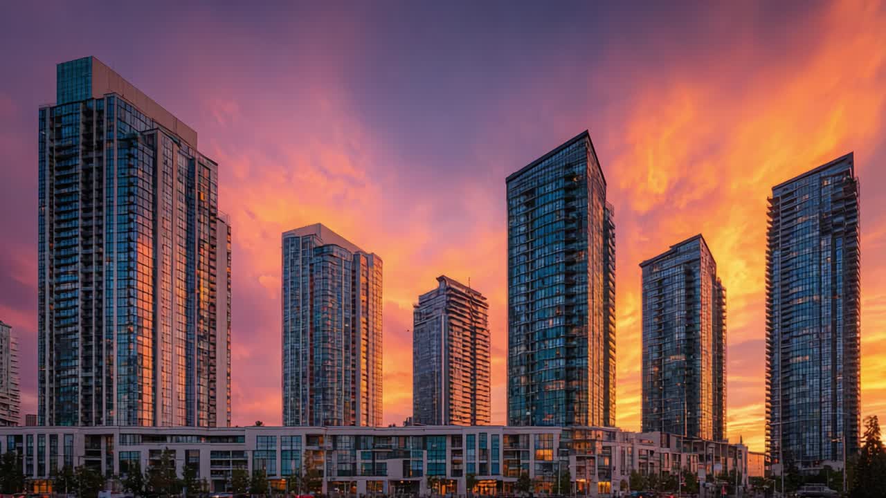 Paisagem urbana deslumbrante ao pôr do sol, mostrando uma série de arranha-céus modernos sob um céu vibrante, iluminados por tons quentes de crepúsculo enquanto o dia transita para a noite