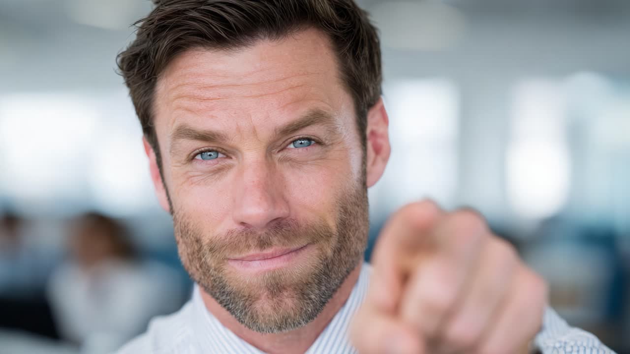 Confident Professional Pointing at the Camera with a Friendly Smile, Engaging the Audience in a Bright Office Environment for a Positive Interaction