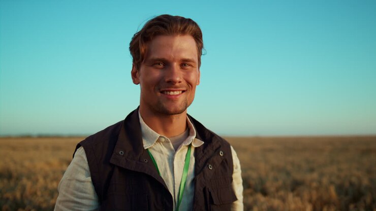 Portrait smiling agricultural worker posing at golden husbandry field alone.