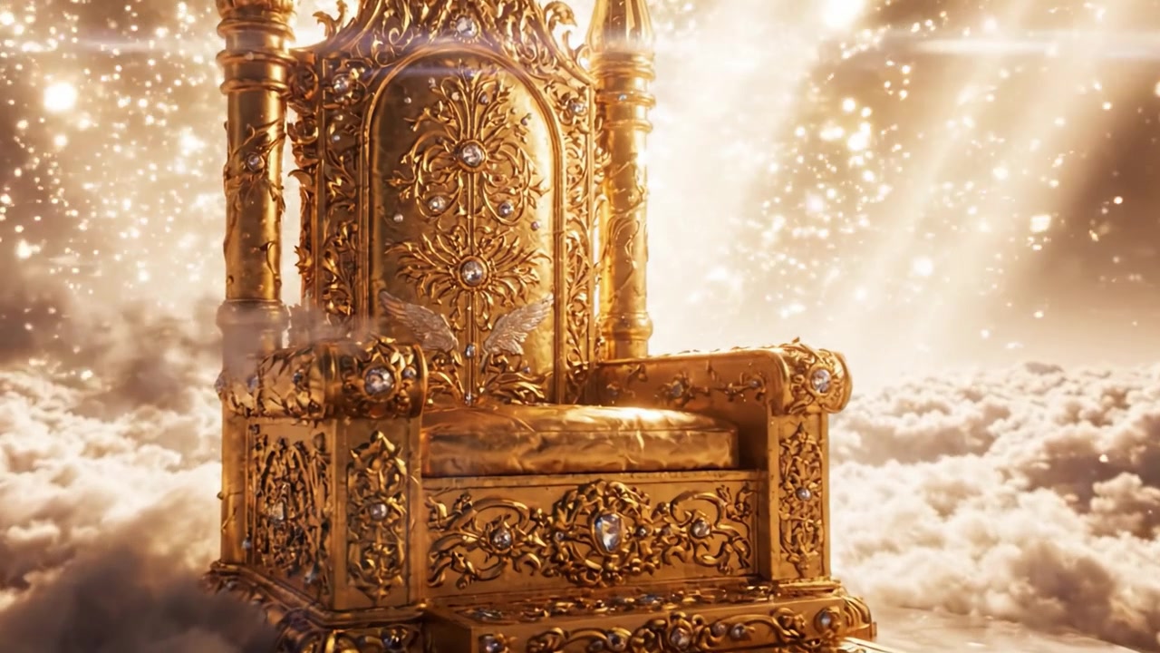A Majestic Golden Throne Surrounded by Heavenly Clouds and Illuminated by Radiant Light Beams, Symbolizing Power and Divinity in a Mystical Realm